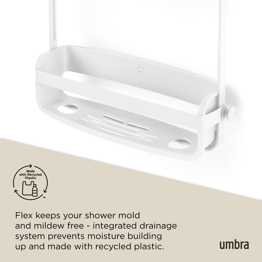 Umbra Flex Hanging Shower Caddy with 2 Shelves, Bathtub Shelf and Bathroom Organizer, White