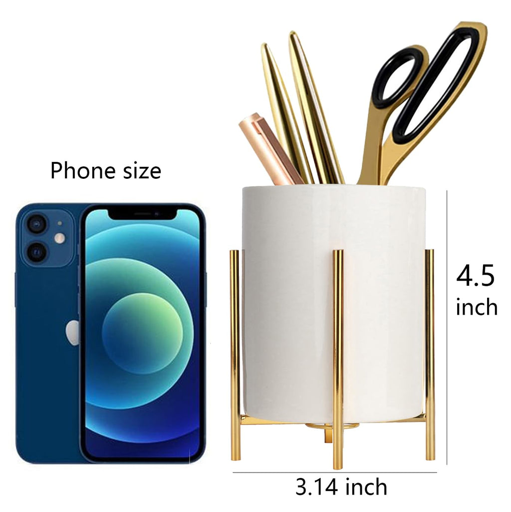 Office Pencil Holder Desktop Pen folder White ceramic With Metal Frame(1Pack 4.6 3.14in),Gold