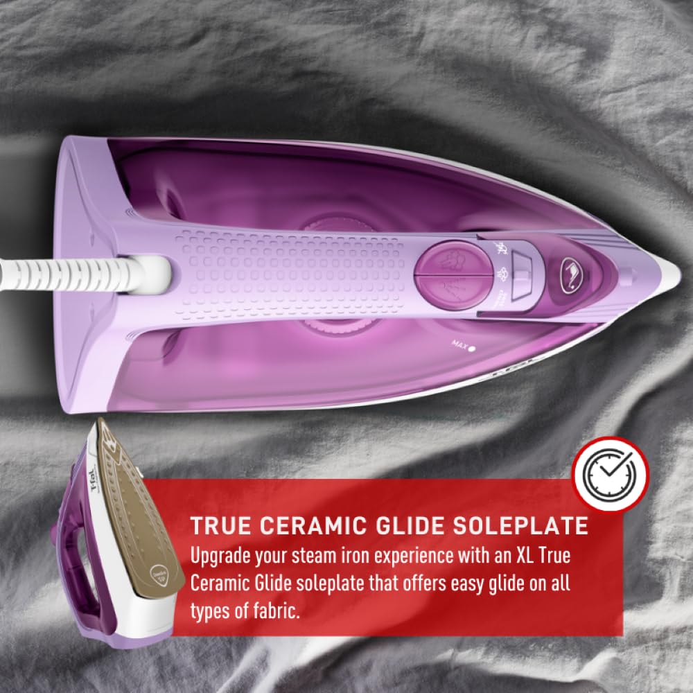 T-fal Steam Essential Plus Ceramic Soleplate Steam Iron for Clothes Eco-Friendly with Steam Trigger 1200 Watts Ironing, Programmable Steaming, Purple