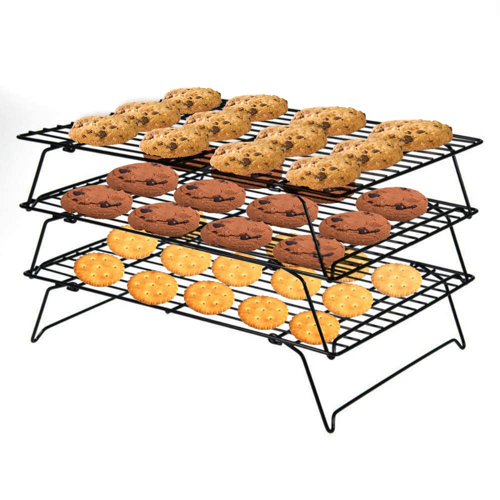 PowerKing 3 Tier Cooling Rack, Foldable Non-Stick Stainless Steel Wire Cake Rack for Pies, Cookies, Pastries, Home Baking, Birthday Party, Wedding Party 15.7'' x 10'' (Black 3 Tier)