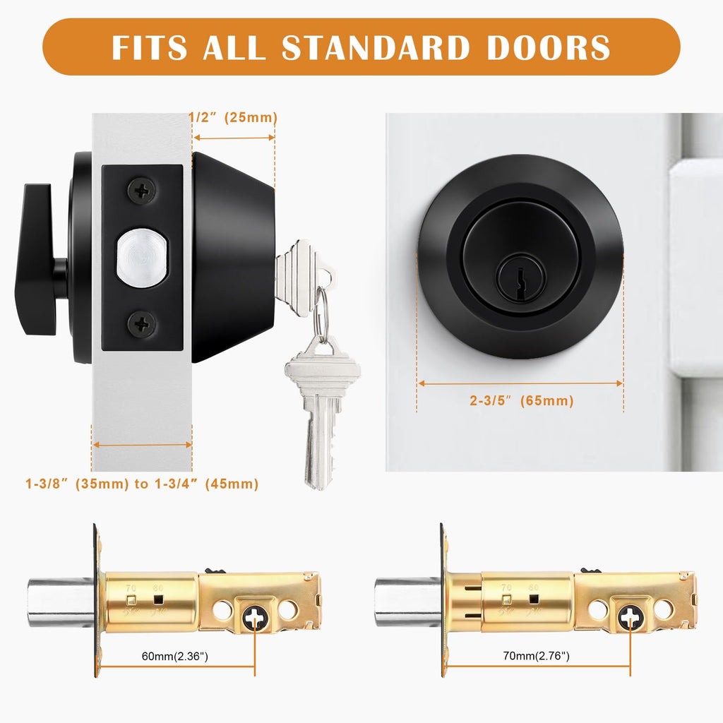 Probrico Single Cylinder Deadbolt Lock Black,Keyed Deadbolt Lock 3 Keys Interior& Exterior Door Hardware (for Entrance Lock and Front Gate Doors)