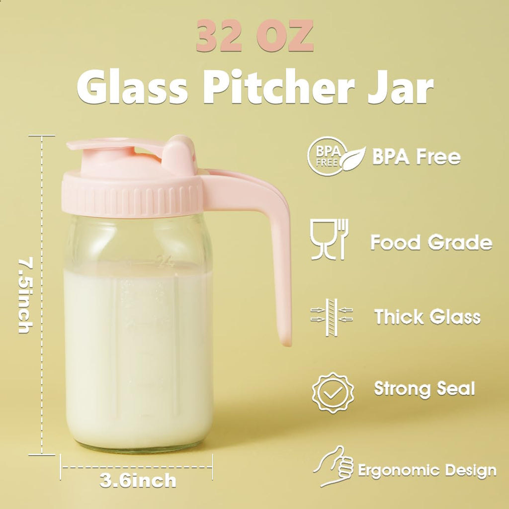 32oz Glass Pitcher with Lid & V-shaped Pour Spout - 1 Quart Breastmilk Pitcher Double Leak Proof, Creamer Container for Sun Tea, Juice, Cold Brew Coffee, Breastmilk Storage Container