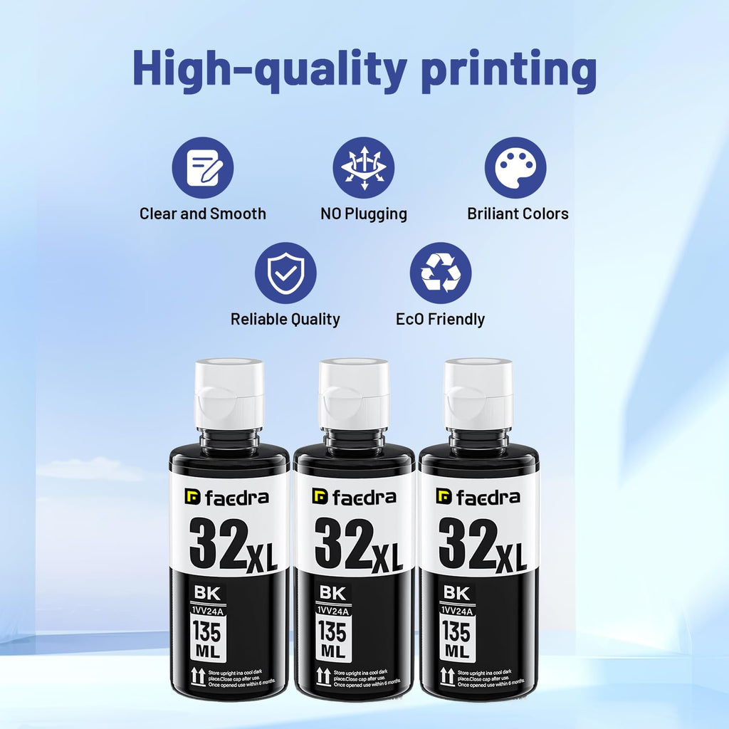 Faedra 32XL Ink Bottle (3 Black) Replacement for HP 31 32XL Ink Bottle Set for HP Smart Tank 6001 7301 7602 7001 5000 5101 5102 5103 651 551 455 457 450 Ink