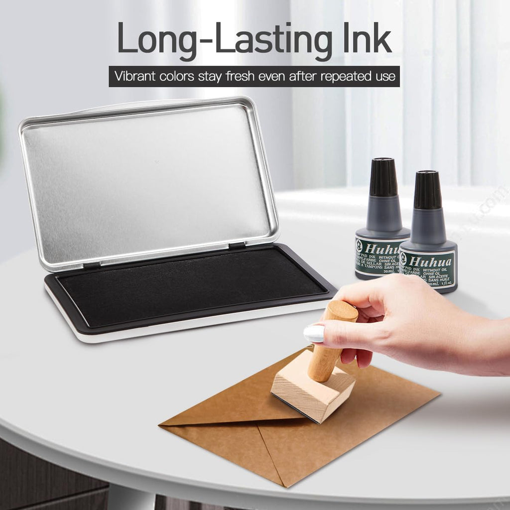 Melispapa Large Black Stamp Ink Pad Set - 1 Black Stamp Pad & 2 Ink-Refills (2 oz, Black), 6.2" x 3.9" Large Black Ink Pad for Rubber Stamps, Non-Toxic, Washable, Waterproof & Permanent Felt Pad