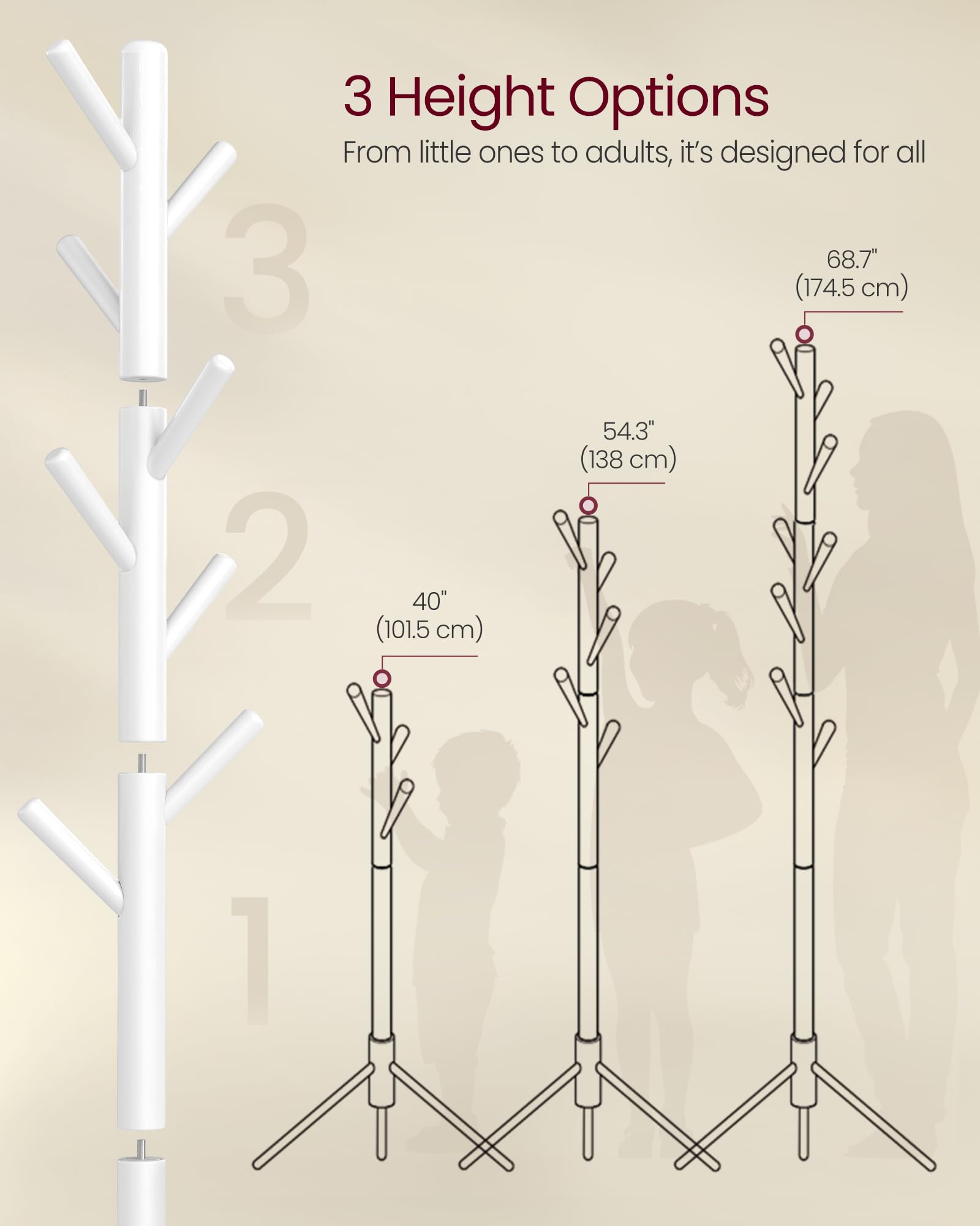 VASAGLE Solid Wood Coat Rack, Free Standing Tree-Shaped Coat Rack with 8 Hooks, 3 Height Options, for Clothes, Hats, Bags, Living Room, Bedroom, Home Office, White URCR04WT
