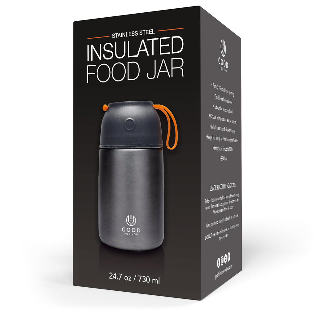 Insulated Food Flask - 730ml Stainless Steel Jar for Hot and Cold Meals – Double-Wall Insulation, Thermal Food Container for School, Office, Travel, Camping - Foldable Spoon, Bag - Grey - 24.7 oz