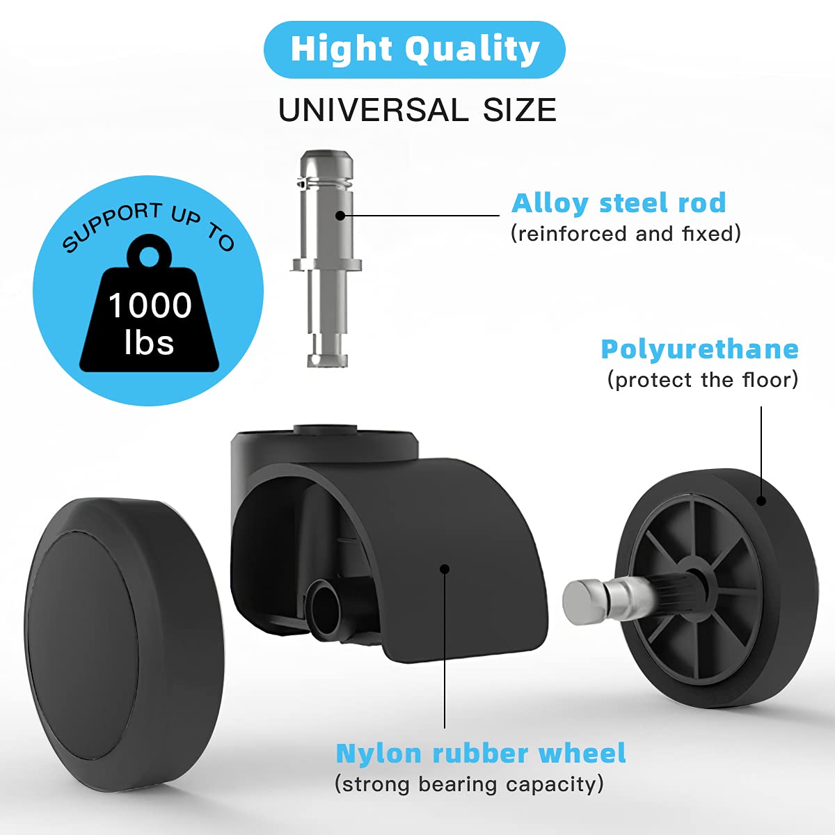 Office Chair Caster Wheels Replacement(Set of 5) for Hardwood Floors and Carpet- Heavy Duty Caster Support up to 1000bls, Office Rubber Chair Wheels,2 inch,Universal Size (Black)