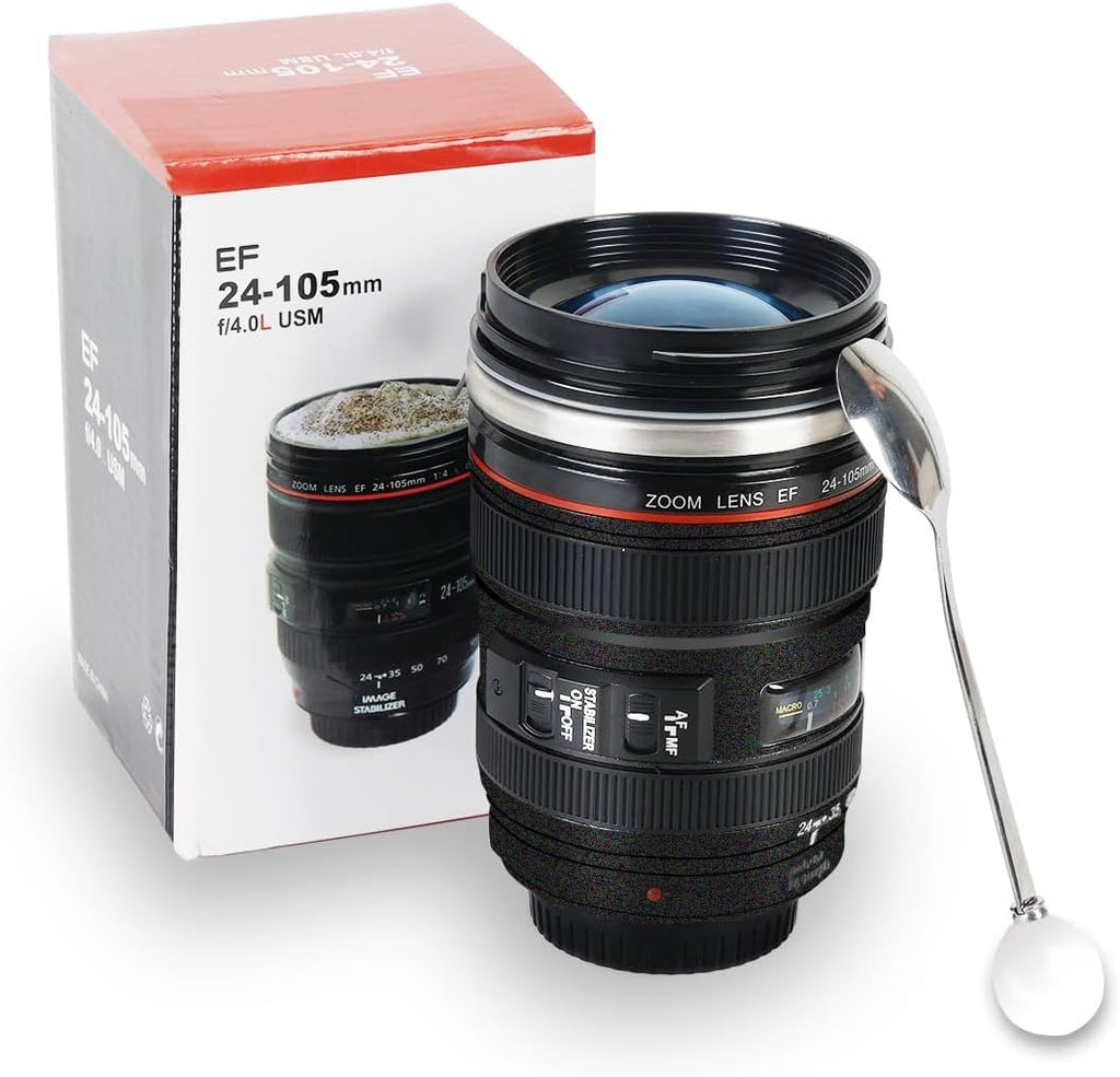 Camera Lens Coffee Mug 350ml Tumbler with Transparent Lid,Black