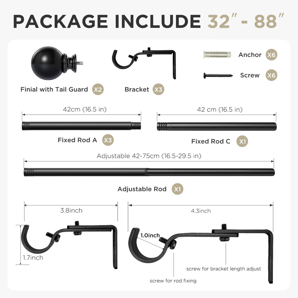 Joydeco Curtain Rod 32 to 88 Inch, 1 Inch Heavy Duty Adjustable Black Drapery Rod with Brackets, Easy Install for Living Room, Bedroom & Kitchen