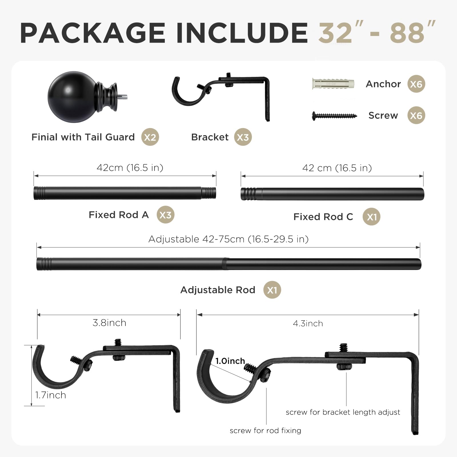 Joydeco Curtain Rod 32 to 88 Inch, 1 Inch Heavy Duty Adjustable Black Drapery Rod with Brackets, Easy Install for Living Room, Bedroom & Kitchen