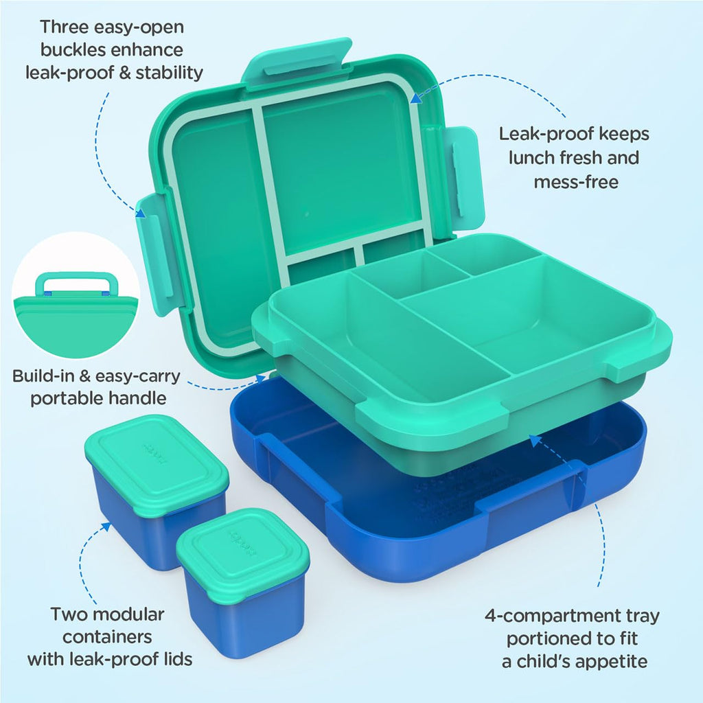 Caperci Bento Box for Kids - Large 4.8 Cups Lunch Box with Two Modular Containers - 4 Compartments, Leak-Proof, Portable Handle, Microwave/Dishwasher Safe, BPA-Free (Jungle Green/Blue)