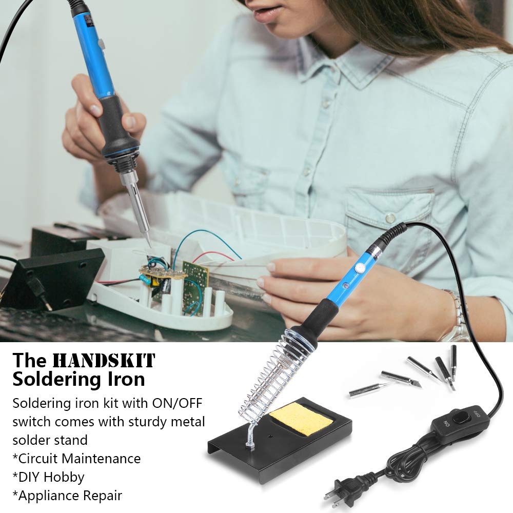 HANDSKIT Soldering Iron Kit, 60W Adjustable Temperature Welding Tool, 5pcs Soldering Iron Tip, Soldering Iron Stand, Desoldering Pump, Tweezers, Solder Wire, Carry Bag