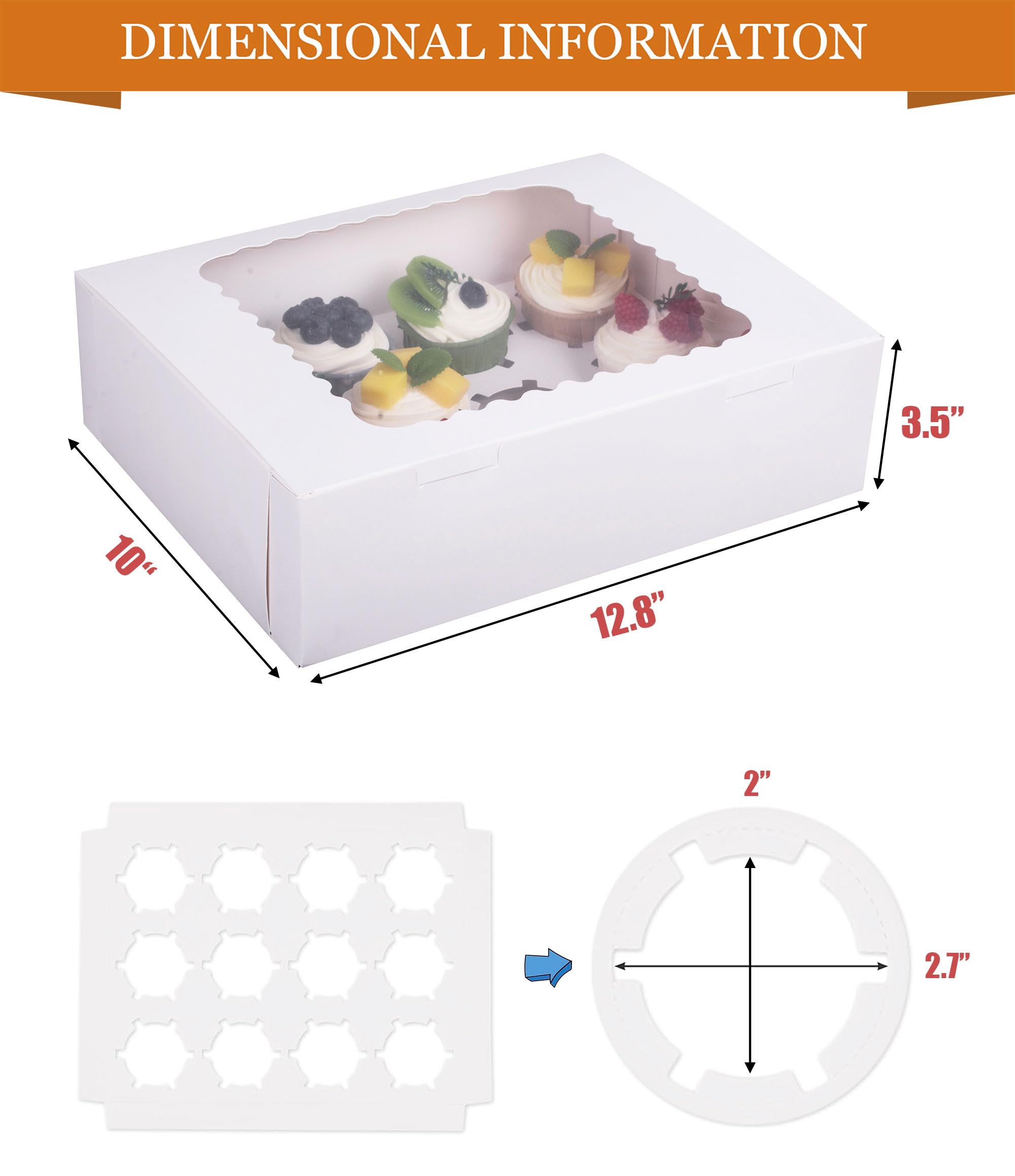 LONGTEAM 15-Set Cupcake Boxes Hold 12 Standard Cupcakes, Food Grade Cupcake Holders Bakery Carrier Boxes with Windows and Inserts for Cupcakes, Muffins and Pastries (White-15 Pack)
