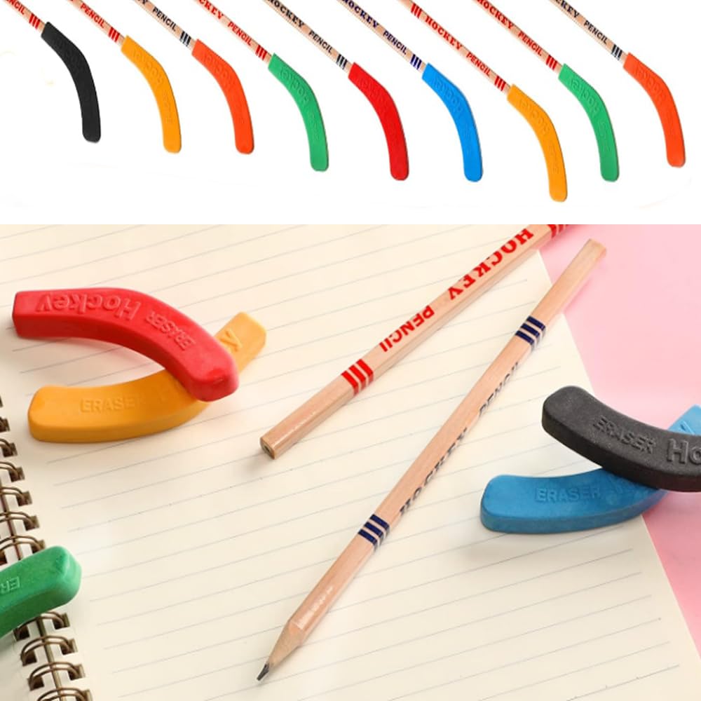 24 Pcs Hockey Pencils Hockey Stick Pencil with Erasers, Party Bag Fillers Sport Themed Party Favors Decorations for Sports Fans,Students Reward Gifts and School Prize