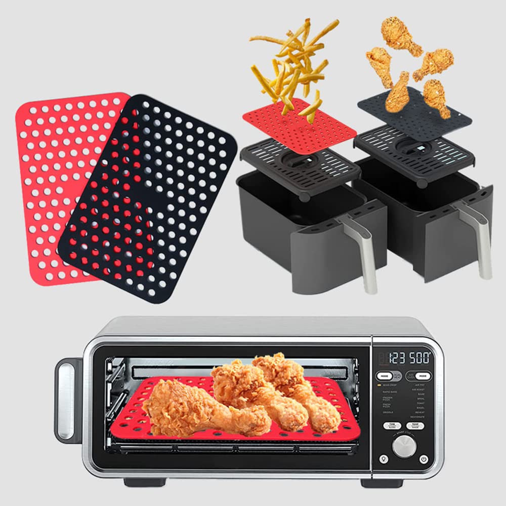4 Pack Air Fryer Liners - Double Basket Silicone Mats for Dual Basket Air Fryers - Reusable Non-Stick Silicone Air Fryer Mats Replacement for Parchment Paper