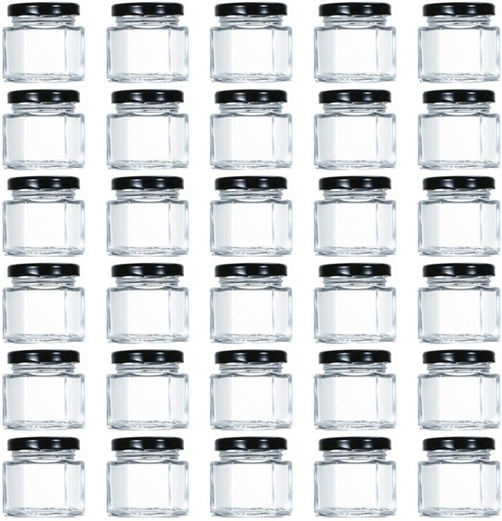Tebery 30 Pack Mini Hexagon Glass Jars with Black Lids and Labels - 1.5oz Honey & Spice Jars for Gifts, Weddings, DIY