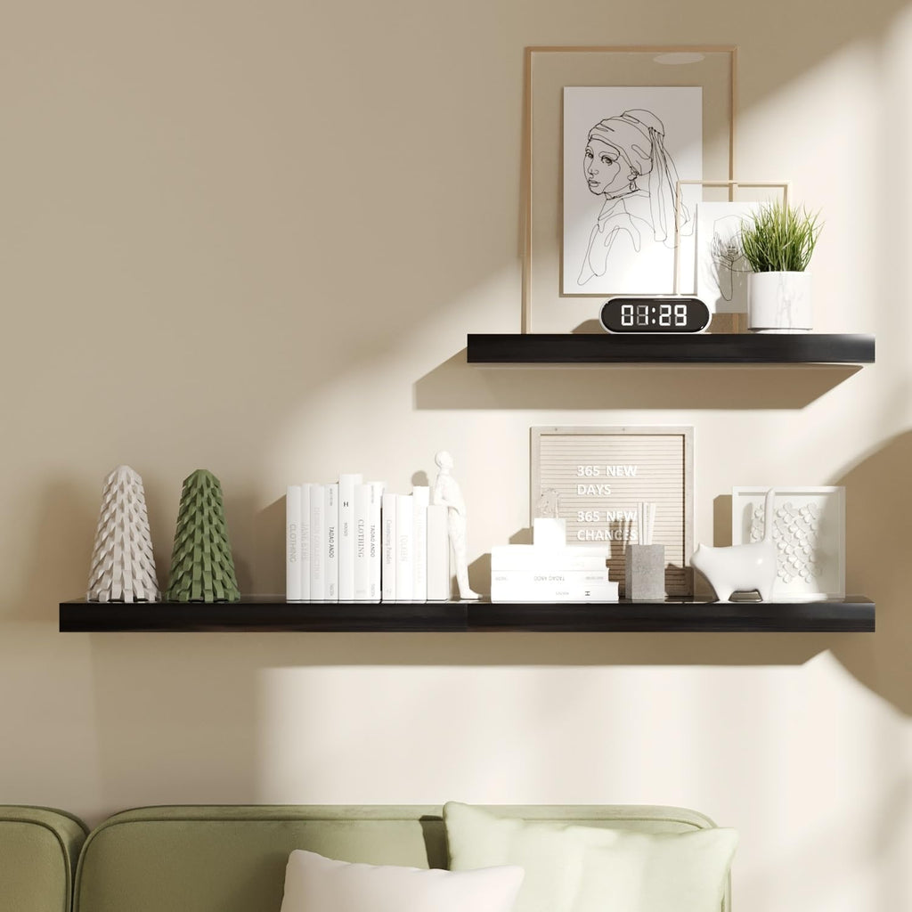 upsimples 16.5" L Black Wooden Floating Shelves with Invisible Brackets, Wall Mounted Modern Wood Shelves Set of 3, for Bathroom Bedroom