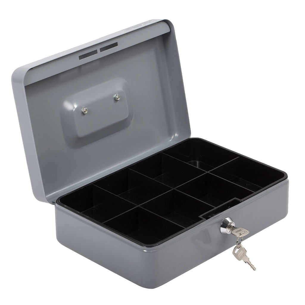 Desk Tech Heavy-Duty Metal Cash Box with Lock, 8-Slot Removable Tray, Portable Safe Box for Office Desk, School, Small Business, and Yard Sale, 9.8” L x 6.9” W x 3” H, Gray