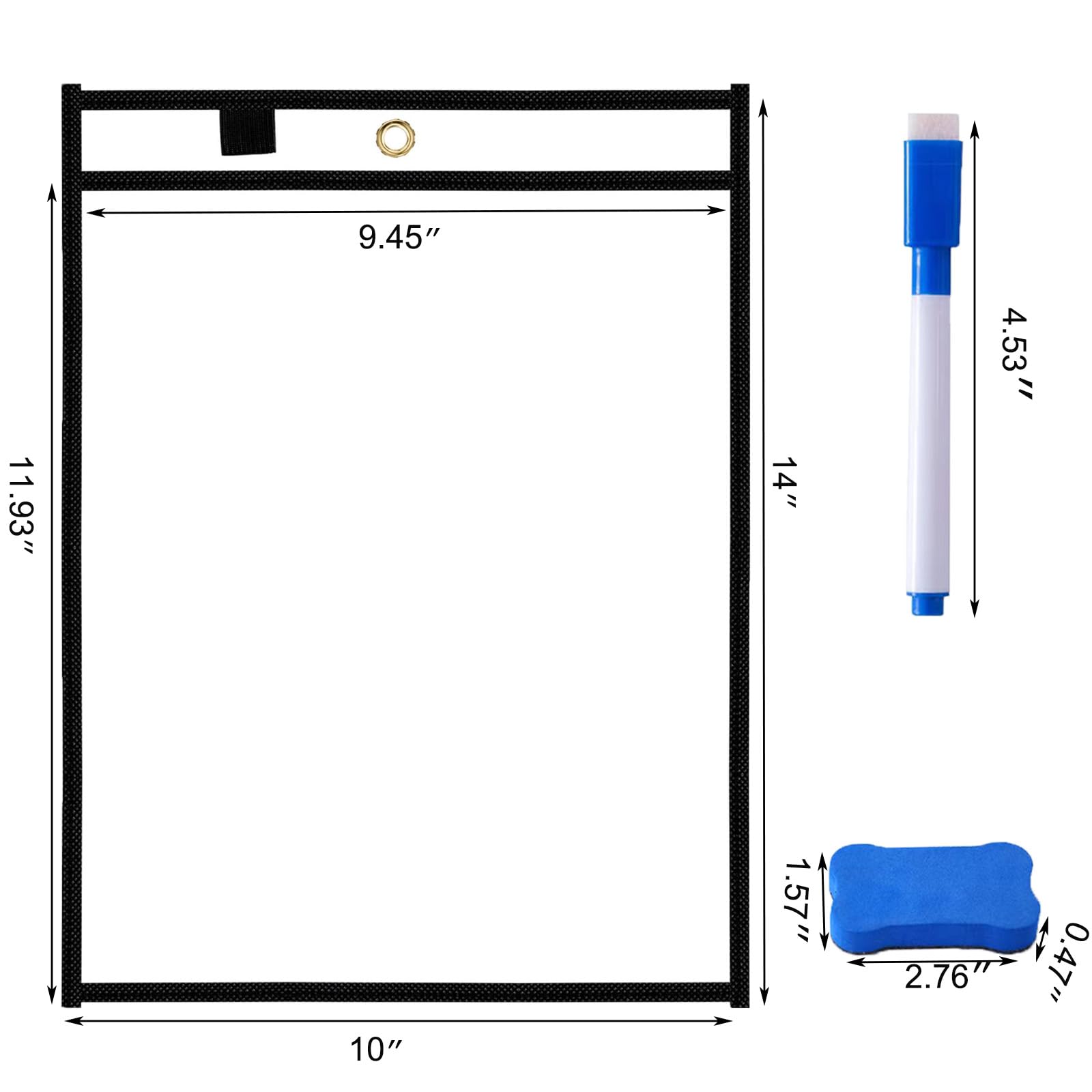 30 Pcs Reusable Dry Erase Pockets Sleeves, 10" x 14" Job Ticket Holders, Clear Dry Erase Sheet Protectors with 12 Pen and 4 Erasers for Office School Classroom & More, Black