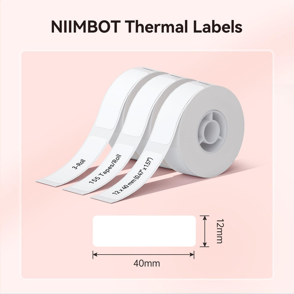 NIIMBOT Label Maker Tape for D11/D110/D101 Label Maker, 12 x 40 mm (0.47'' x 1.57''), 3Rolls for Home Office Labeling Tape Replacement, White