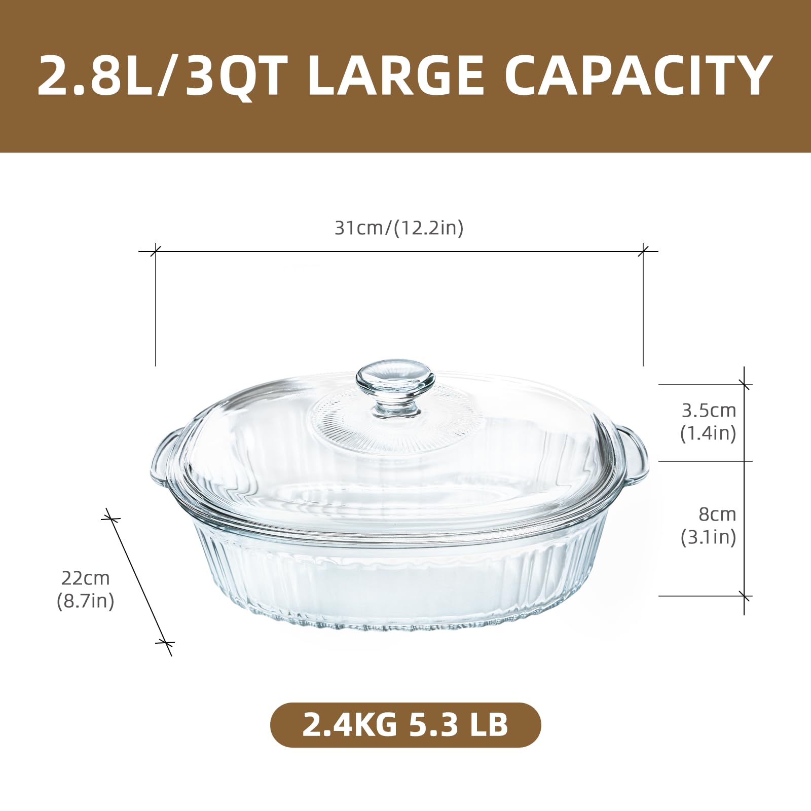 Luvan 2.8L/3Qt Glass Casserole Dish with Lid and Handle, Clear Lead-Free Glass Baking Dish Casserole Cookware, Oven and Microwave Safe, Suitable for Marinating,Baking,Cooking