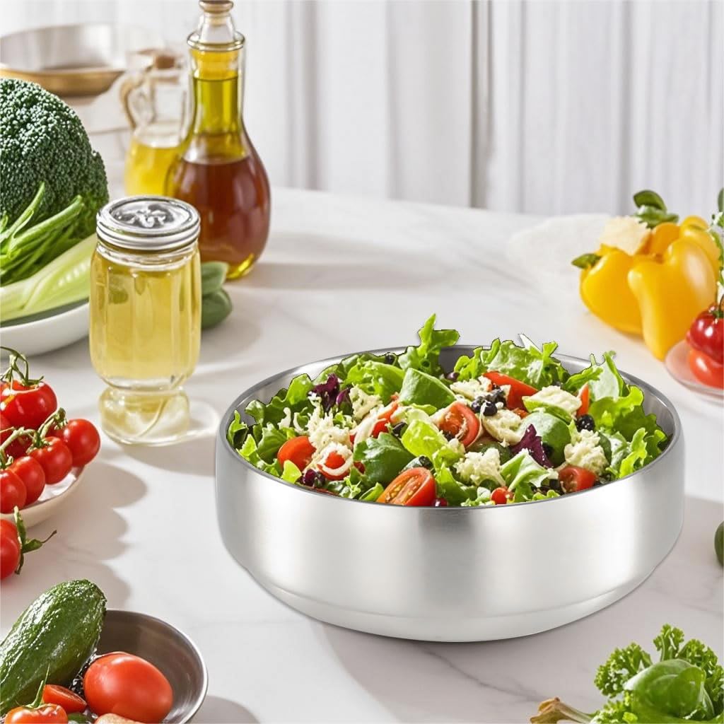 SANQIAHOME 1400ml/21cm Quality Double-Walled 18/8 Stainless Steel Large Salad Bowl,2pcs/Set, Heat-Insulated and Anti-Scald Large Soup Bowl,Silver