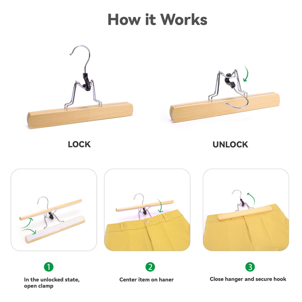 Nature Smile Wooden Trouser Hangers, 10 Pieces Non-Slip Skirt Hangers, Hair Extension Hangers, Jeans/Slack Hangers with 360° Rotating Hook - Pants Clip Hangers (Natural)