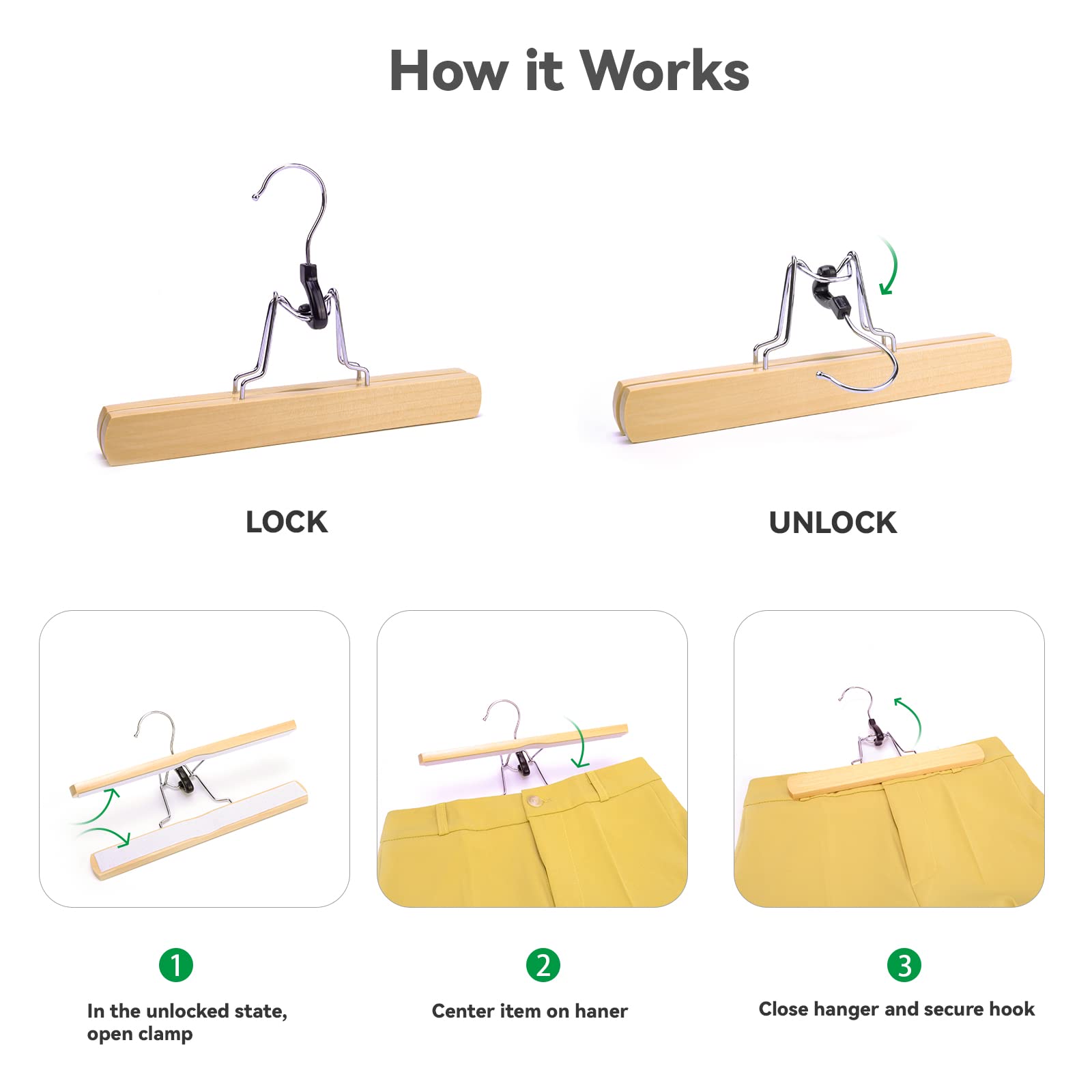 Nature Smile Wooden Trouser Hangers, 10 Pieces Non-Slip Skirt Hangers, Hair Extension Hangers, Jeans/Slack Hangers with 360° Rotating Hook - Pants Clip Hangers (Natural)