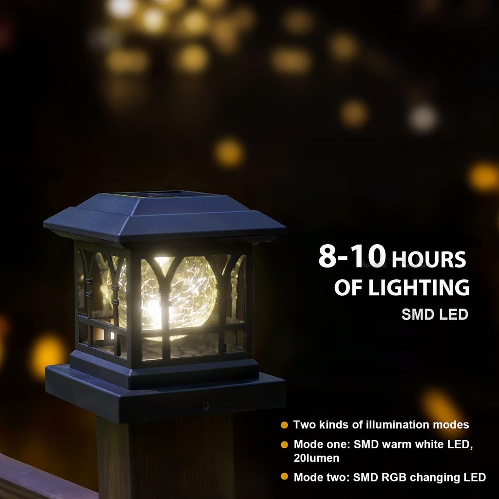 AEFRELEOHT Solar Post Cap Lights, Warm White & RGB Automatic Cycling, Cracked Glass Bulb, 20 Lumens lP65 Waterproof Fit 3.6x3.6 4x4 4.5x4.5 5x5 Wood Fence Post Solar Powered Lights Black (1 Pack)
