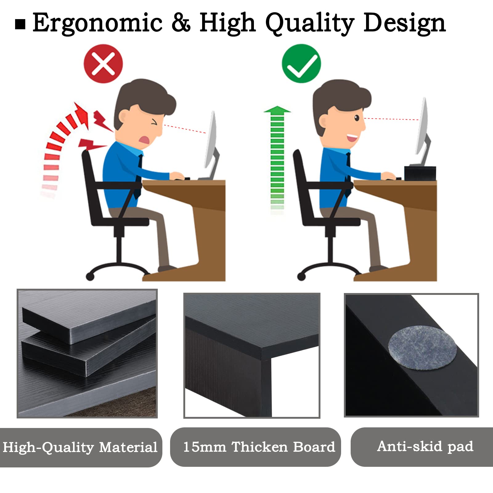 TEAMIX 2 Pack Wood Monitor Stand Riser, Black Adjustable Computer Stand Dual Monitor Riser for Monitors/Laptops/TV, Desktop Shelf Space-Saving