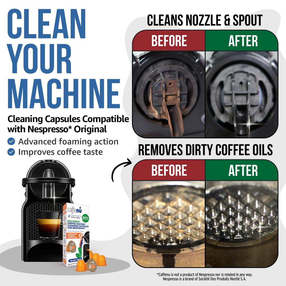 Caffenu Cleaning Pods compatible with Nespresso OriginalLine 10 Cleaner Capsules to enhanced Coffee Flavor. Use with Descaling Kit.