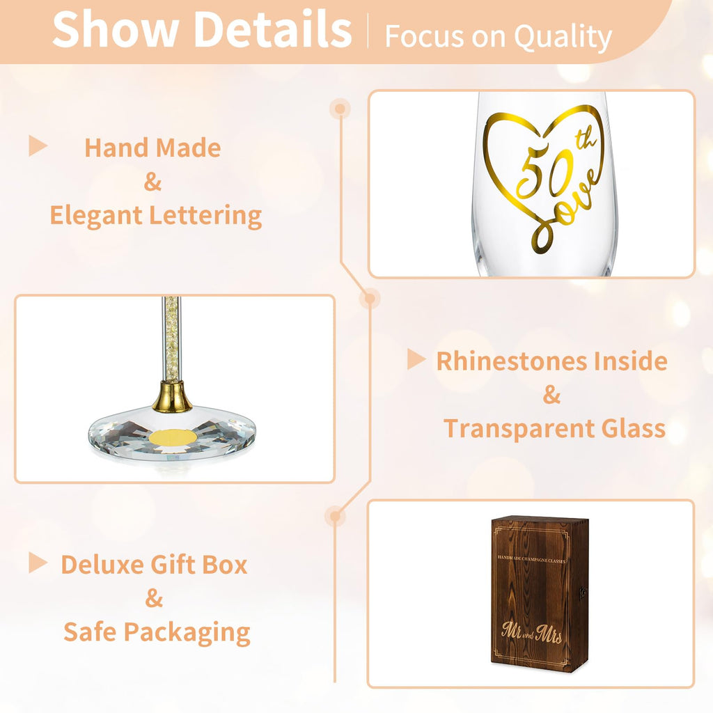 NUPTIO 50th Anniversary Champagne Flutes: Set of 2 Gold Crystal Toasting Glasses with Wooden Gift Box Engraved Wine Glass for Birthday Party Table Decoration Ideal Gifts for Couple Parents His and Her