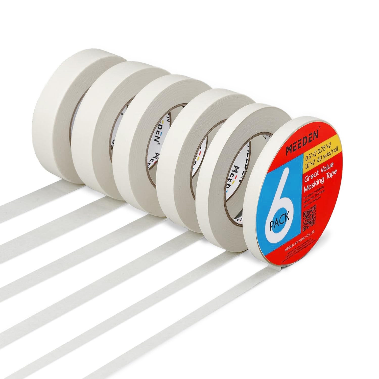 MEEDEN 6 Packs White Artist Tape, 0.5" 0.75" 1.0" x 60 Yard, Multi-Sized Masking Art Tape, Acid-Free Painters Tape for Painting Drafting Canvas Framing, General Purpose for Craft, Office, School