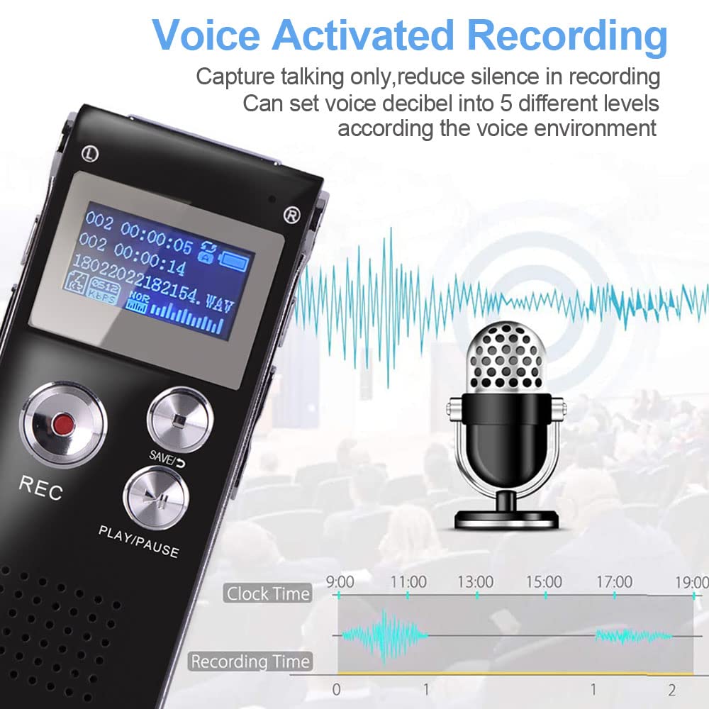 16GB Digital Voice Recorder Voice Activated Recorder with Playback Upgraded Portable Tape Recorder for Lectures, Meetings, Interviews, Portable Audio Recorder Dictaphone USB Charge, MP3, Password