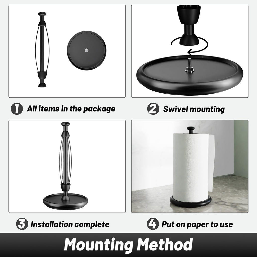 VEHHE Paper Towel Holder Countertop, One-Handed Tear Paper, Weighted Base with EVA Non-Slip Pad, Stainless Steel, Kitchen Towel Holder Stand with Ratchet Mechanism for Kitchen Bathroom Black