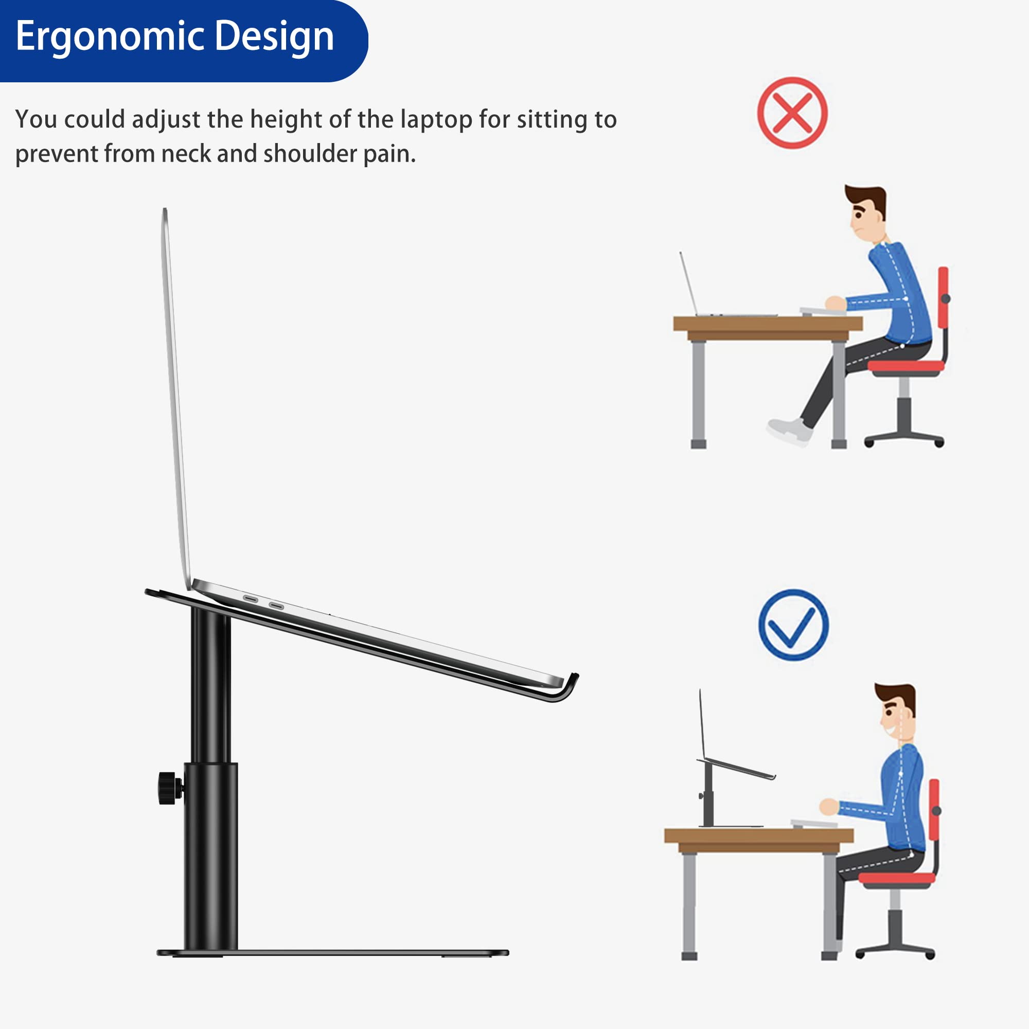 Besign LSX3 Aluminum Laptop Stand, Ergonomic Adjustable Notebook Stand, Riser Holder Computer Stand Compatible with Air, Pro, Dell, HP, Lenovo More 10-15.6" Laptops (Black)