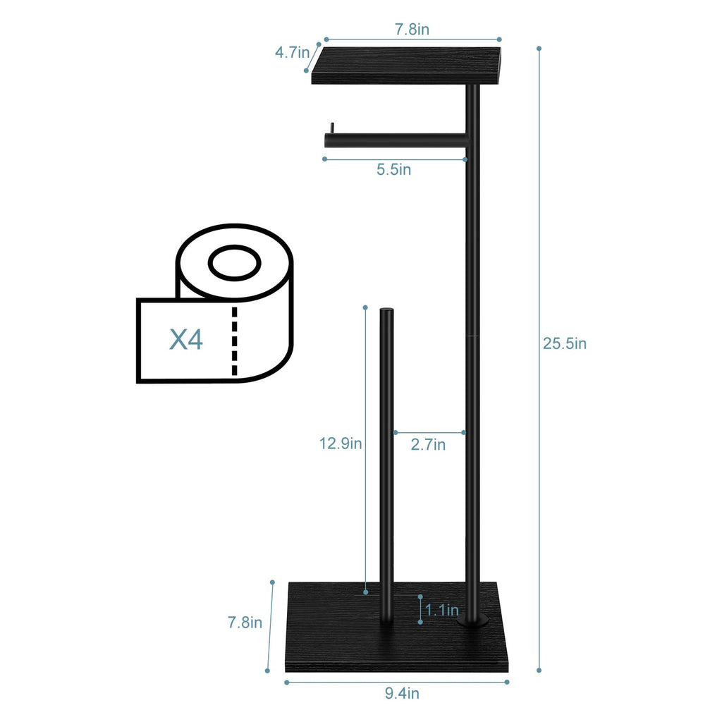 YBING Toilet Paper Holder Stand with Top Storage Shelf Black Toilet Roll Paper Holder Free Standing Tissue Holder Stand Bathroom Standing Toilet Roll Dispenser Storage Wood