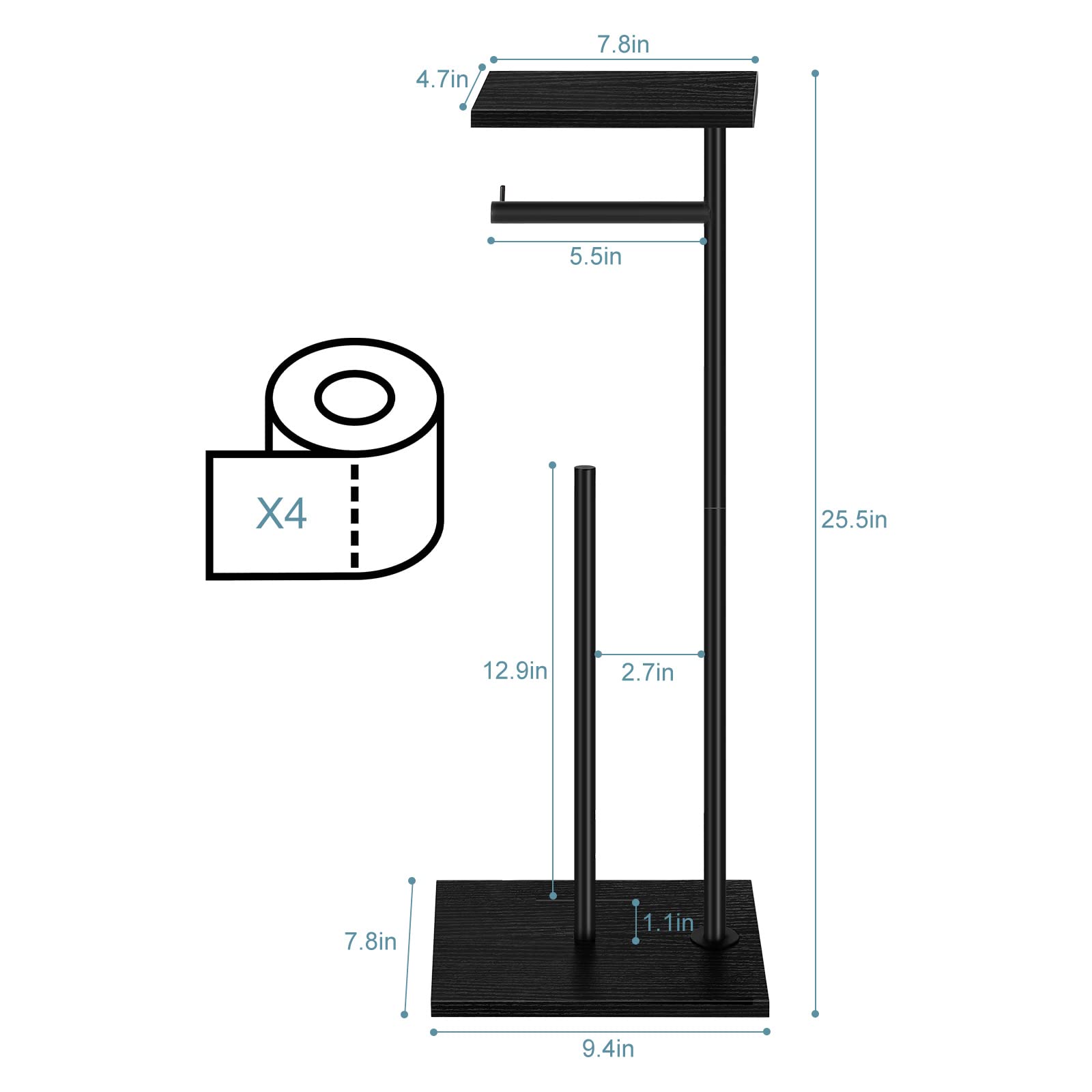 YBING Toilet Paper Holder Stand with Top Storage Shelf Black Toilet Roll Paper Holder Free Standing Tissue Holder Stand Bathroom Standing Toilet Roll Dispenser Storage Wood