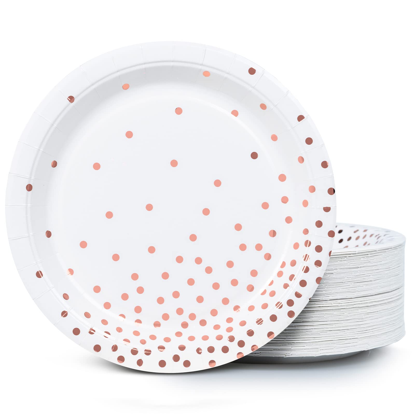 MATICAN 100-Pack Disposable Paper Plates - White & Rose Gold with Foil Polka Dots, 9-Inch