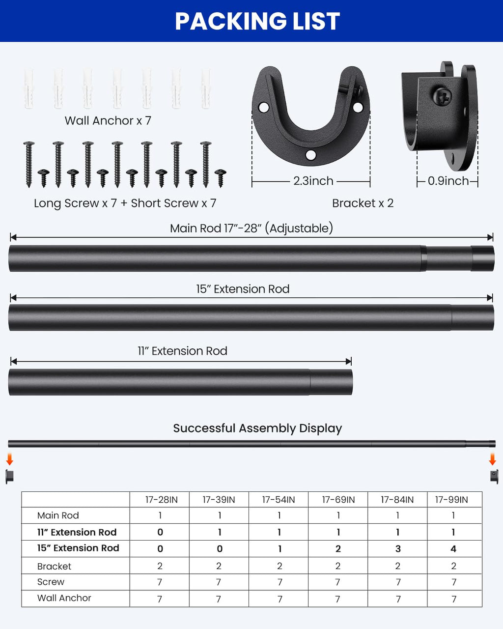 Closet Rods for Hanging Clothes, 17-69 inches Stepless Adjustable Metal Closet Rod, 1.3 Inches Heavy Duty Clothes Hanging Rod for Closet Wardrobes Laundry RV, Black