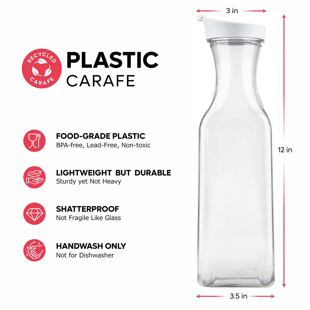 Gusto [50 oz - 4 Pack] Carafe with Lid, Large Capacity Square Base - Clear Pitcher with Flip Top Lid, Easy-Pour Spout Juice Containers with Lids, Hand Wash Only - Perfect for Mimosa Bar