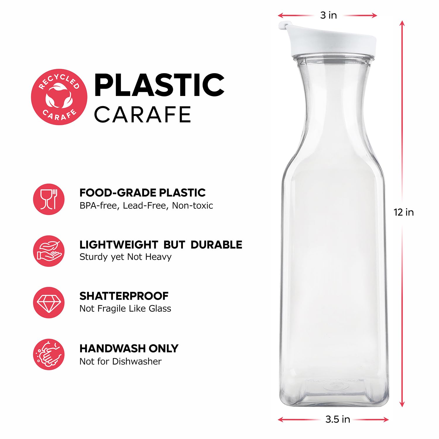 Gusto [50 oz - 4 Pack] Carafe with Lid, Large Capacity Square Base - Clear Pitcher with Flip Top Lid, Easy-Pour Spout Juice Containers with Lids, Hand Wash Only - Perfect for Mimosa Bar