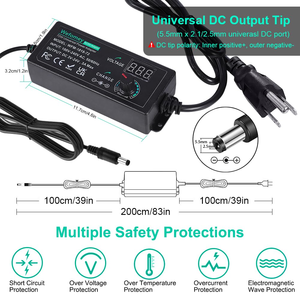 3V~24V 3A 72W Universal Power Supply 3V 5V 6V 9V 12V 15V 18V 20V 24V Adjustable Variable Switching AC/DC Adapter, 100V-240V AC to DC Converter with 14 Tips & Polarity Converter & Test Lead, 3 Prong