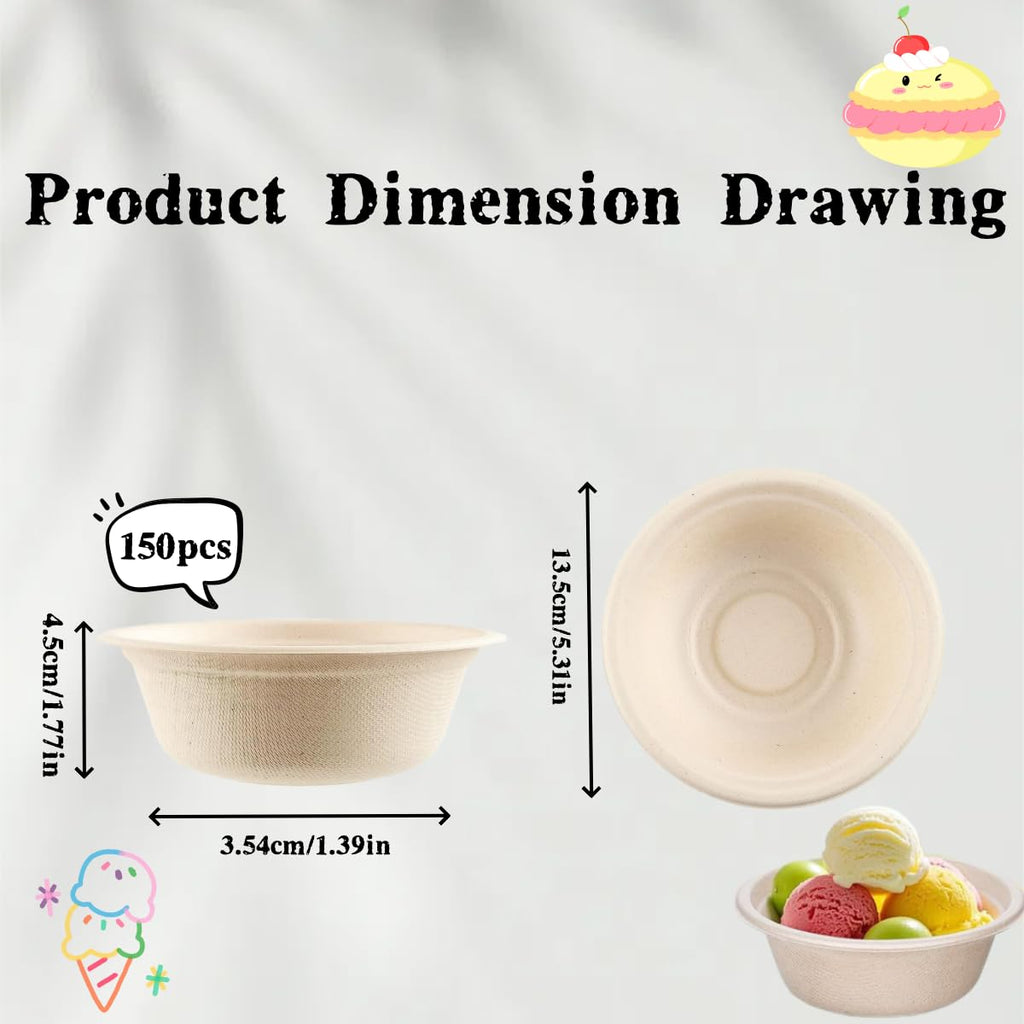 Salad Paper Bowl, Round Eco-Friendly Sugarcane Bowl, Compostable and Biodegradable Soup Bowl, Suitable for Salad, Dessert, Milk, Grains 12 Ounces, 150PCS