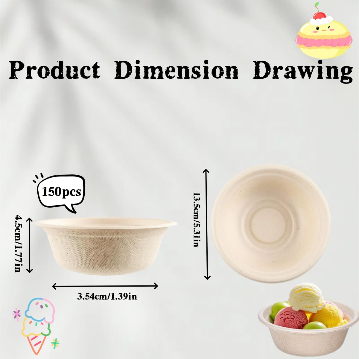 Salad Paper Bowl, Round Eco-Friendly Sugarcane Bowl, Compostable and Biodegradable Soup Bowl, Suitable for Salad, Dessert, Milk, Grains 12 Ounces, 150PCS