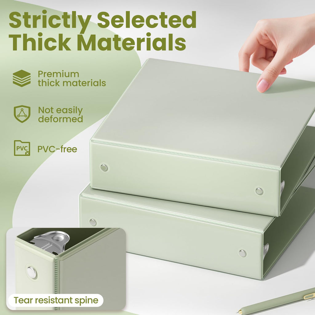 SUNEE 3 Ring Binder 2 Inch 2 Pack, Clear View Three Ring PVC-Free (Fit 8.5x11 Inches) for School or Office Supplies, Sage Green