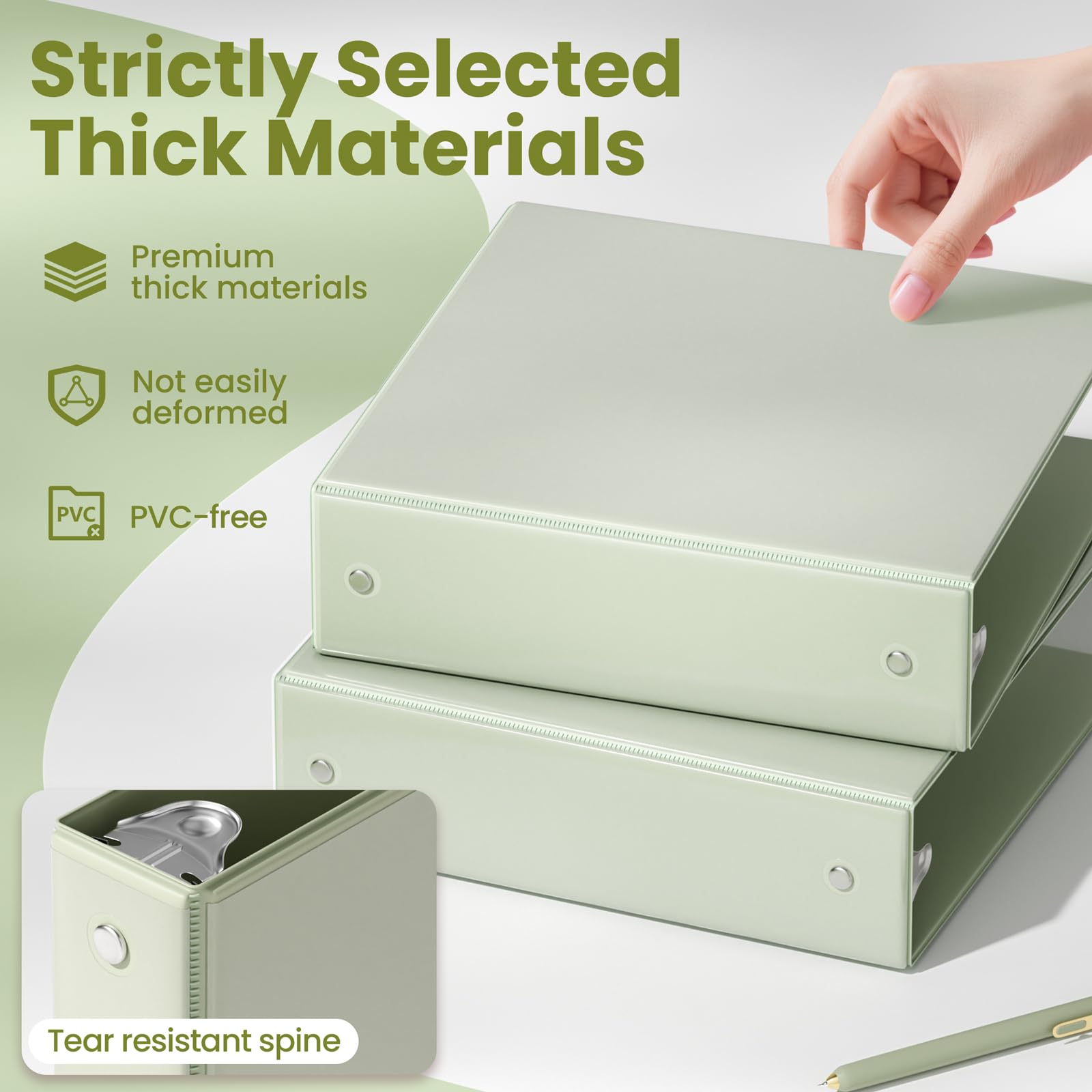 SUNEE 3 Ring Binder 2 Inch 2 Pack, Clear View Three Ring PVC-Free (Fit 8.5x11 Inches) for School or Office Supplies, Sage Green