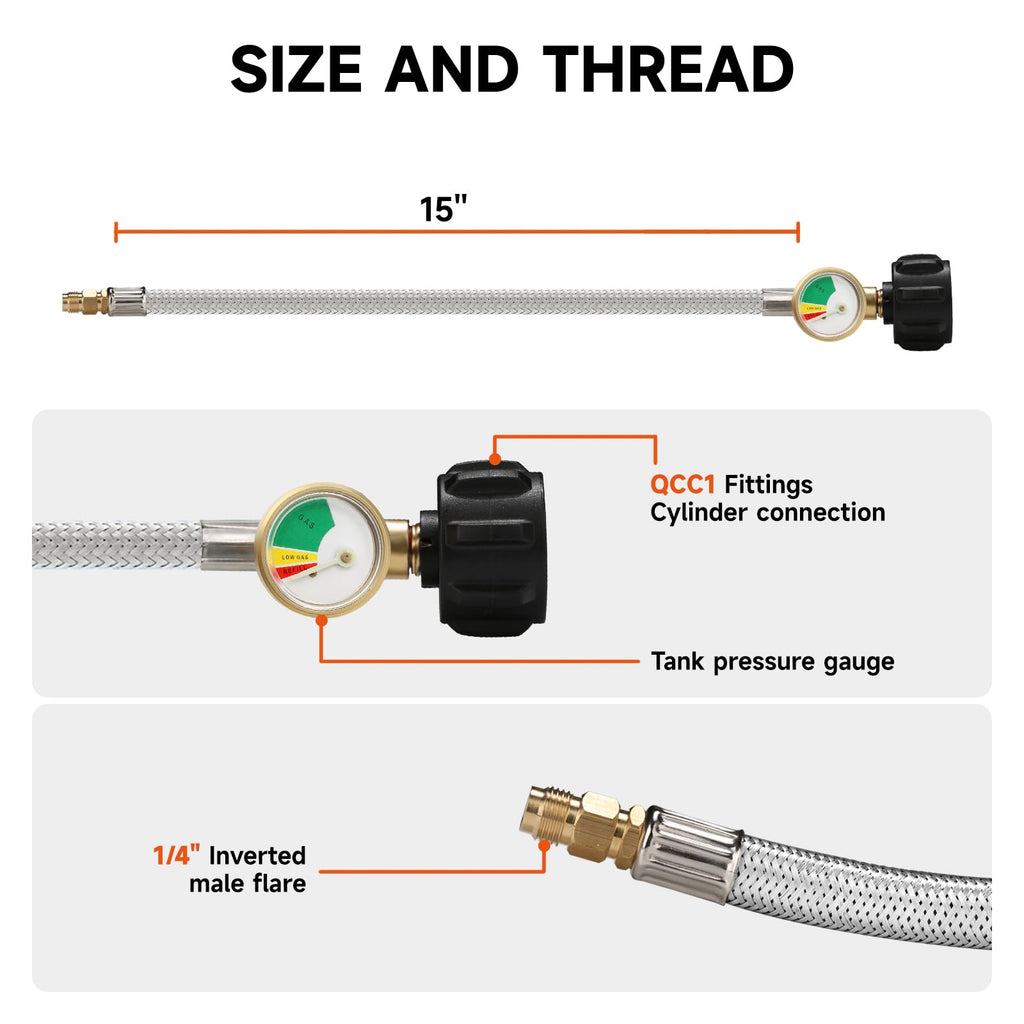 Roastove 15 Inch Stainless Braided RV Propane Pigtail Hose with 1/4 Inch Male Inverted Flare Fitting,for Standard Two-Stage Regulator, 2PACKS,with Gauge