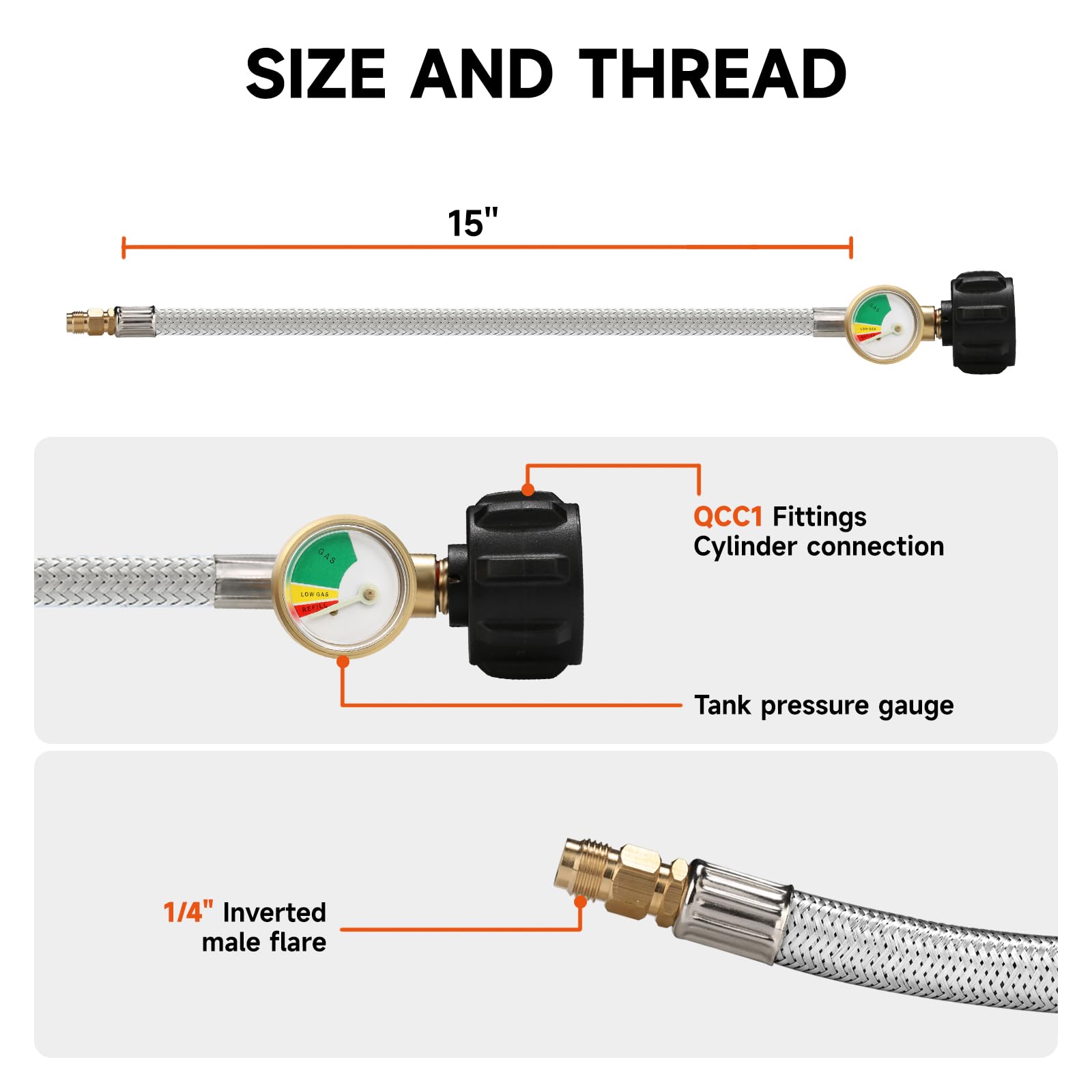 Roastove 15 Inch Stainless Braided RV Propane Pigtail Hose with 1/4 Inch Male Inverted Flare Fitting,for Standard Two-Stage Regulator, 2PACKS,with Gauge