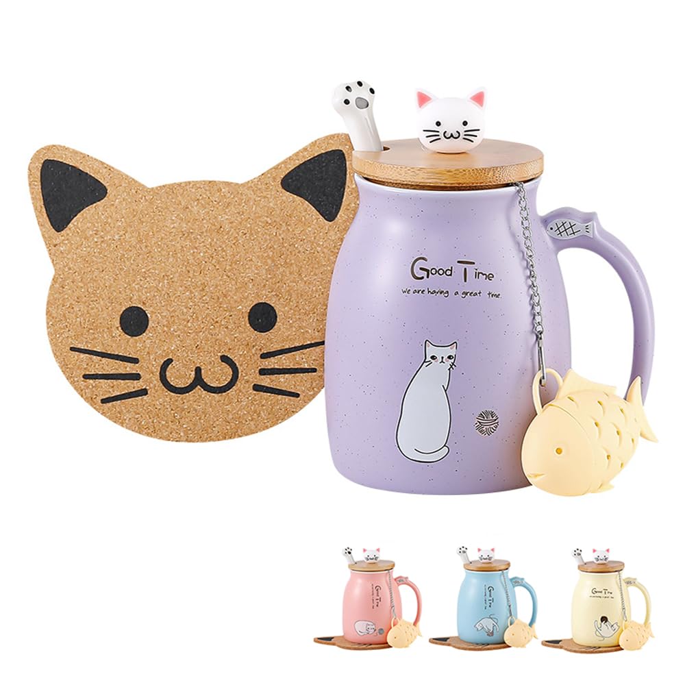 BigNoseDeer Cat Mug Kawaii Tea Cup with Infuser and Lid Purple Cat Ceramic Coffee Mug Cute Cool Preppy Stuff Birthday Gifts for Mom Gifts for Women Girlfriend Girls Cat Lover Gifts(13oz)